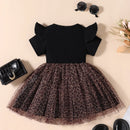 Kids Infant Baby Girls Casual Dress Short Sleeve Leopard Ruffled Bowknot Mesh Patchwork Dress