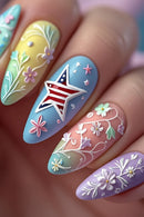 Nails for women blue colors embossed flora star design for Spring summer full cover press on nail