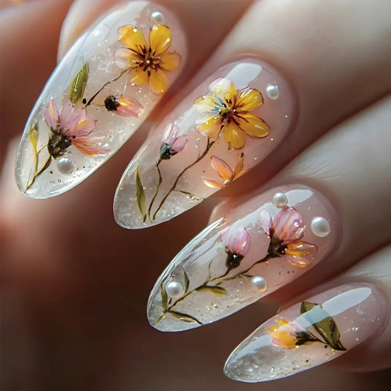 24pcs Ice Transparent Pink False Nails Almond Press On Nails Spring Charming False Nail Tips