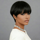 Woman with a stylish haircut and jewelry against a gray background, Obroi