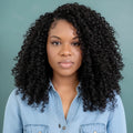 Woman with styled hair and a close-up of curly hair extensions on a white background, Obroi