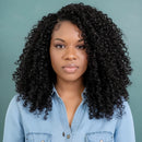 Woman with styled hair and a close-up of curly hair extensions on a white background, Obroi