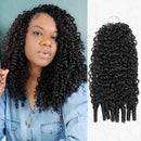 Woman with styled hair and a close-up of curly hair extensions on a white background, Obroi