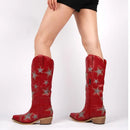 Women Embroidery Star Western Cowgirl Boots Pointed Toe Side Zipper Knee High with Heel Boots
