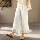Spring Embroidery Cotton Linen Wide Leg Pants Women Elastic Waist Loose Double Layer Straight Long Pant