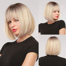 Brown Highlight Short Straight Hair Wig Bob Wigs With Bangs for Women