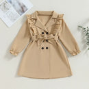 Children Girl Trench Coat Ruffled Solid Long Sleeve Lapel Double Breasted Khaki Windbreaker with Belt