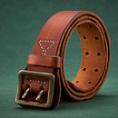 Brown leather belt with brass buckle on a green background, Obroi