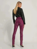 Women Shiny Leather Bodycon Pants Ladies Slim Stretch Pencil Trousers Clubwear