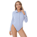 Women Bodysuit for Office Lady Turn-down Collar Long Sleeve Button Down Easy Care Work Bodysuit Shirt for Evening Cocktail Party