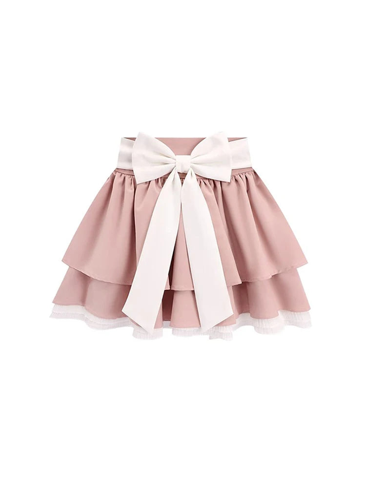 Kawaii Pink Mini Skirt Women Cute Fluffy Skirts Bandage Bow