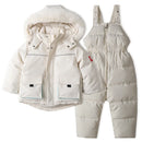 White puffer jacket and bib overalls on a white background, Obroi