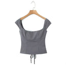 Women Lace Up Bandage Back Crop Top Short Sleeve Square Neck Ladies Sexy Chic Tops