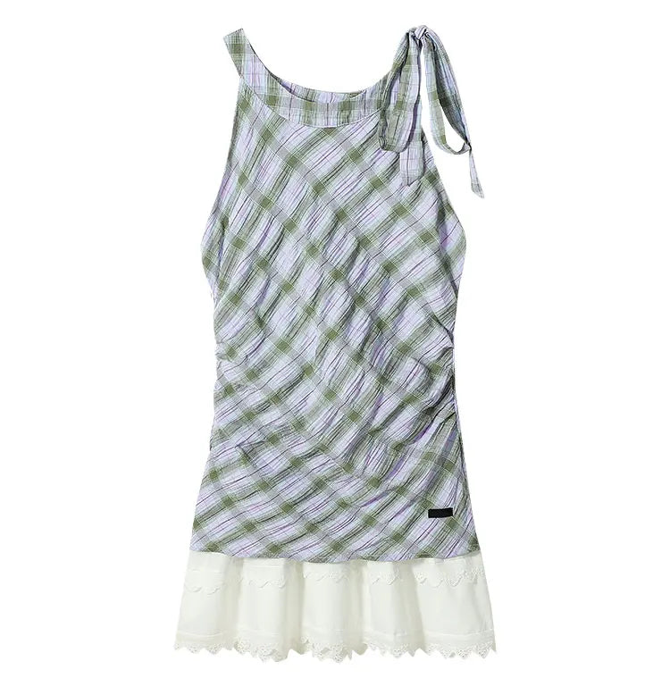 Plaid Halter Neck Vest Dresses Women's Summer Sleeveless Spliced Lace Waist Slimming Short Dress