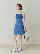 Bohemian Blue One-word Collar Suspender Dress Female Summer Seaside Holiday Style Floral Suspender Women