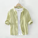 Autamn And Spring Thin Artistic Linen Shirt Men's Long-sleeved Loose Small Collar Linen Shirt White  Fabric Top