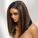 Golden Brown Highlights Straight Bob Wig With Drawstring 7x5 No-Slip Short Human Hair Glueless Wig