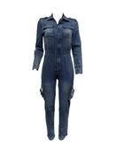 Blue denim jumpsuit on a white background with 'Bennypuff' branding.