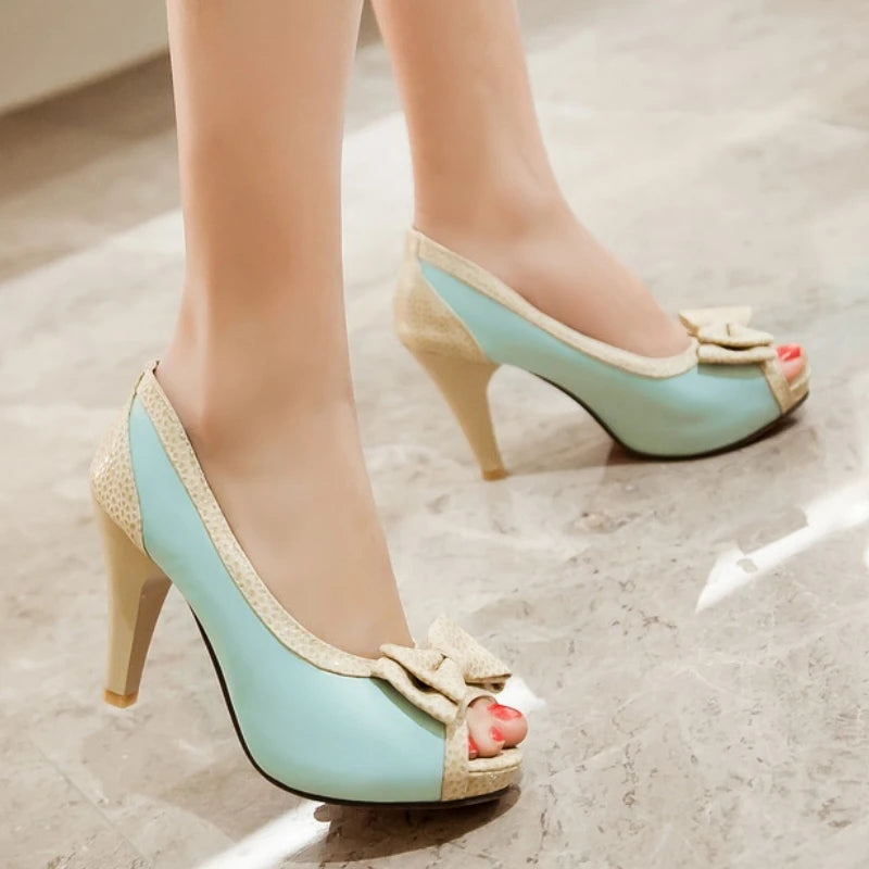 Women's Pumps Shoes High Heels Dress Pump Peep Toe Sweet Bowtie Shoes Female