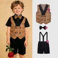 Child wearing a formal outfit with vest, bow tie, and suspenders on a beige background, Obroi
