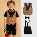 Child wearing a formal outfit with vest, bow tie, and suspenders on a beige background, Obroi