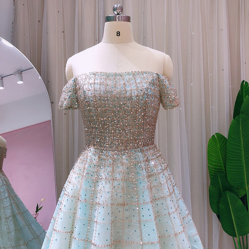 Luxury Dubai Mint Green Evening Dresses Elegant Off Shoulder Lilac Arabic Formal Dress for Women Wedding Party