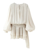 Women Elegant Puff Pleated Shirts Mini Dress Short Two Piece Skirt Set Loose Casual Women Tops