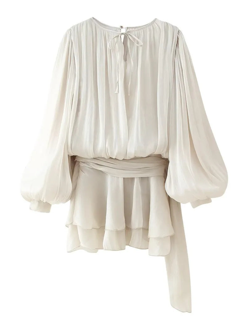 Women Elegant Puff Pleated Shirts Mini Dress Short Two Piece Skirt Set Loose Casual Women Tops