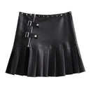 Spring Summer Chic Leather Mini Pleated Skirt Women Rivet Side Slit Short