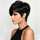A woman shown in profile wearing a short, layered black wig with textured styling against a light gray studio background, Obroi