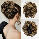 Three views of a brown and blonde messy bun hairpiece: one worn on a model's head, and two close-up views showing the texture and black claw clip attachment against a light background, Obroi