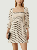 Women Dresses Summer Elegant Square Neck Back Tie Vintage Polka Dot Dress Woman 3/4 Puff Sleeve Smocked Casual Mini Dress