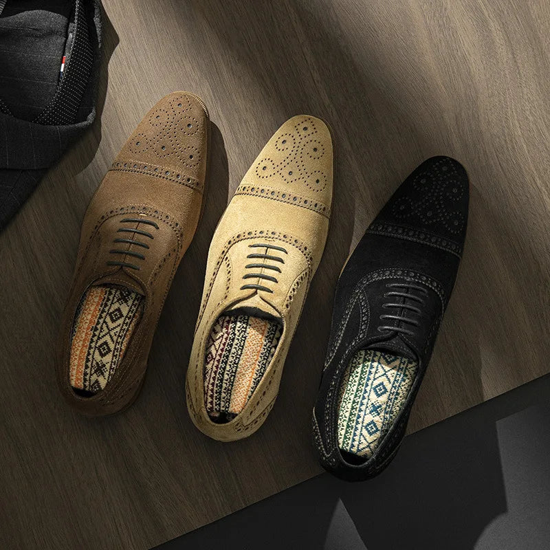 Luxury Suede Man Dress Shoes Genuine Leather Handmade Brogue Shoes Men