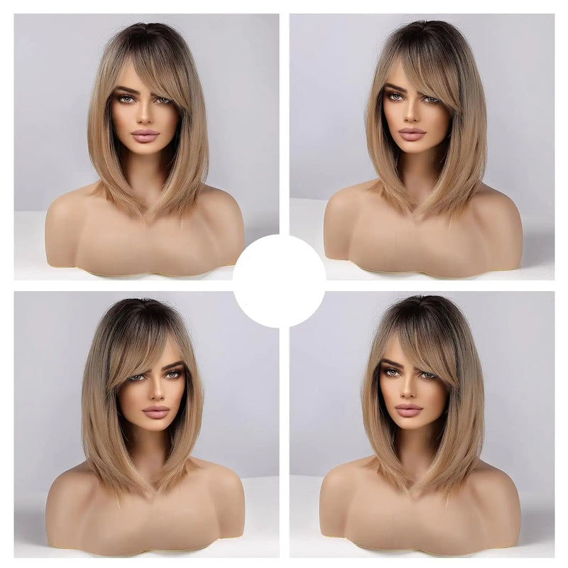 Medium Straight Black Brown Golden Ombre Wigs for Women Cosplay Bobo Wig