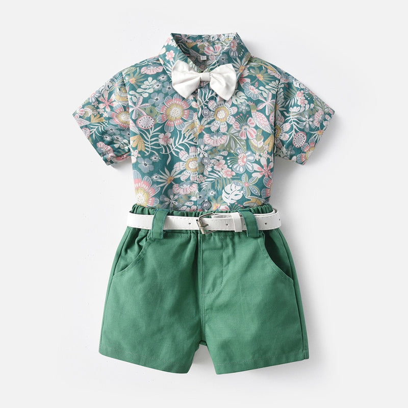 Children gentleman summer clothes striped short sleeve tops + white shorts 2 pcs clothing sets for kids baby boys party suits