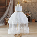 Children Party Dresses Sequins Collar And Sash Flower Tulle Trailing Carnival Costume for Little Girl White Ball Gow