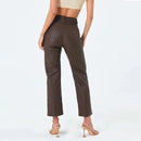 Women Leather Slim Pencil Pants Ladies Chic Elastic Splicing Straight Trousers With Pocket