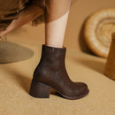 Leather Women Ankle Boots Spring Autumn Heeled Boots Retro Ladies Round Toe Black Zipper Boots