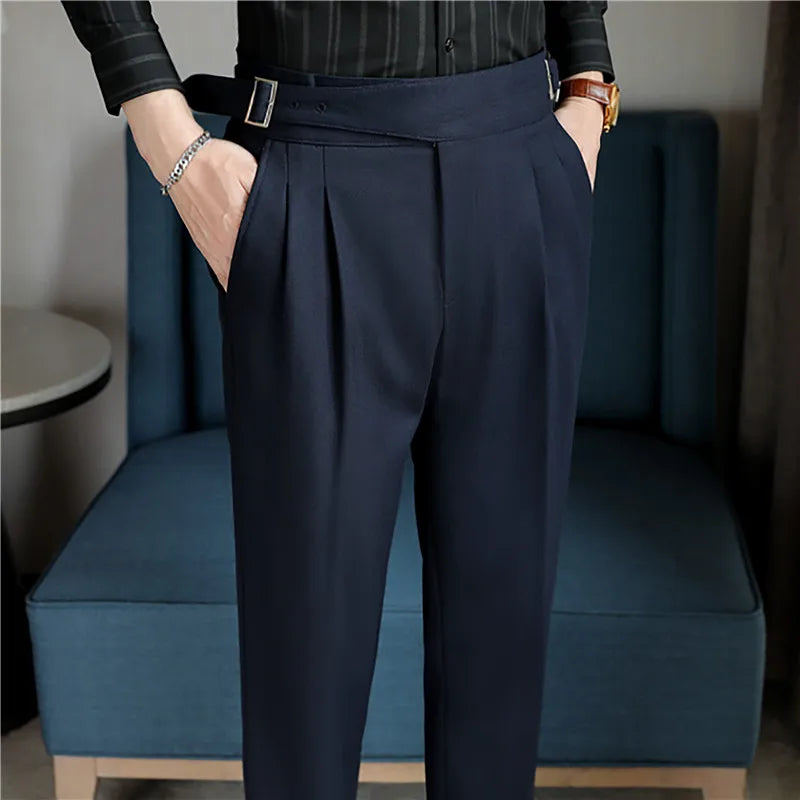 Luxury Men High-Rise Dress Pants Stripe with Pleats & Naples Tailoring