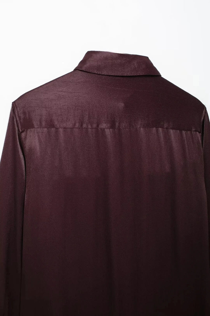 Silk Textured Shirt Women's Solid Pocket Shirt Blouse