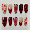 24Pcs Red Almond Bow Heart Designs Press on Nails Patch Wearable Elegant Full Cover Nail Tips