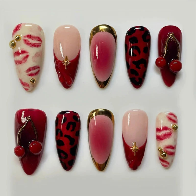 24Pcs Red Almond Bow Heart Designs Press on Nails Patch Wearable Elegant Full Cover Nail Tips
