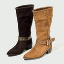 Retro Western Ankle Boots for Women Belt Buckle Decoration Wedge Mid Calf Boots