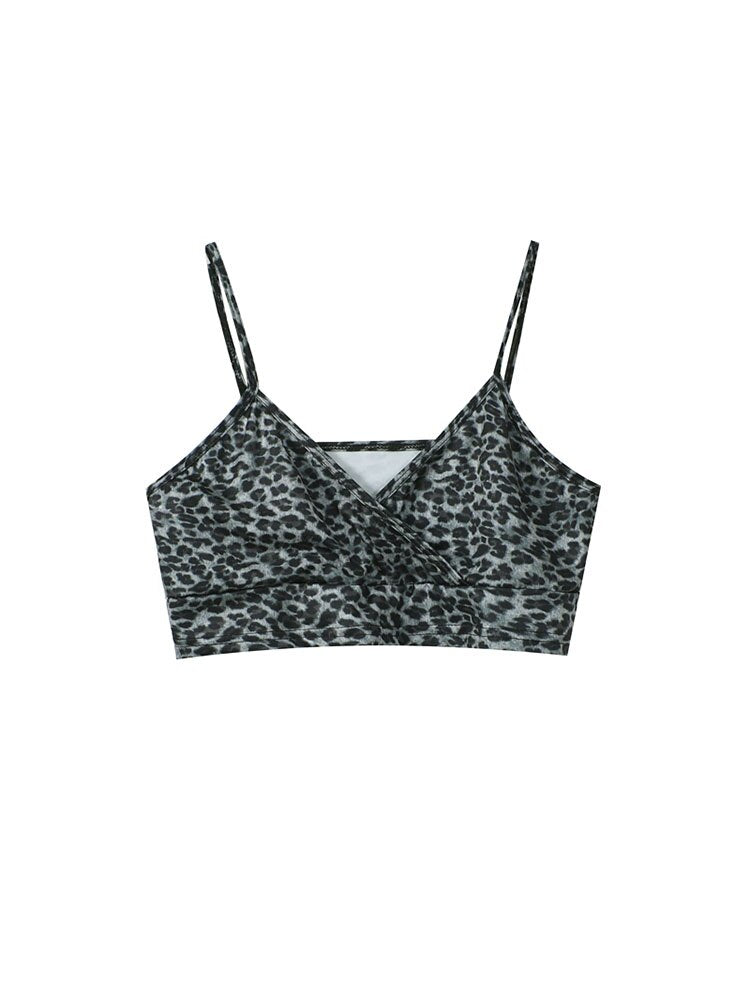 Women Summer Leopard Sling Sexy Perspective Bottoming Shirt Crew Short Top