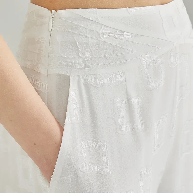 Pearl White Double Layer Natural Waist Lightweight Breathable Silk Straight Leg Pants