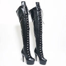 Black knee-high boots with high heel and platform on a white background, featuring 'Obroi Shoes' branding.