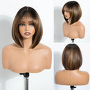 10 Inch Straight Lace Front Wig With Bangs Short Bob Wigs For Women Ombre Brown