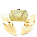 Yellow high-heeled shoes and matching clutch on a white background, Obroi