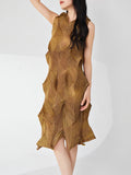 Pleated Round Collar Dress Women Sleeveless Medium Long Chic Style Female Clothing