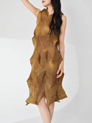 Pleated Round Collar Dress Women Sleeveless Medium Long Chic Style Female Clothing